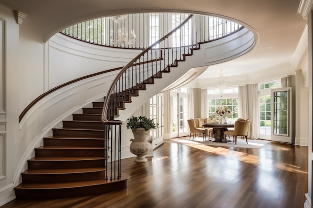 Luxury foyer with designed hardwood floor and spiral stair