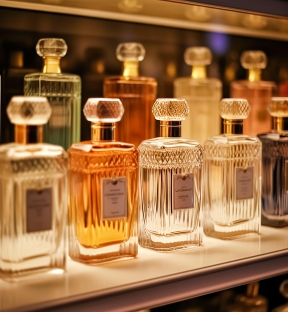 Luxury fragrance bottles at perfume scent at presentation event bespoke perfumery and beauty product sale generative ai