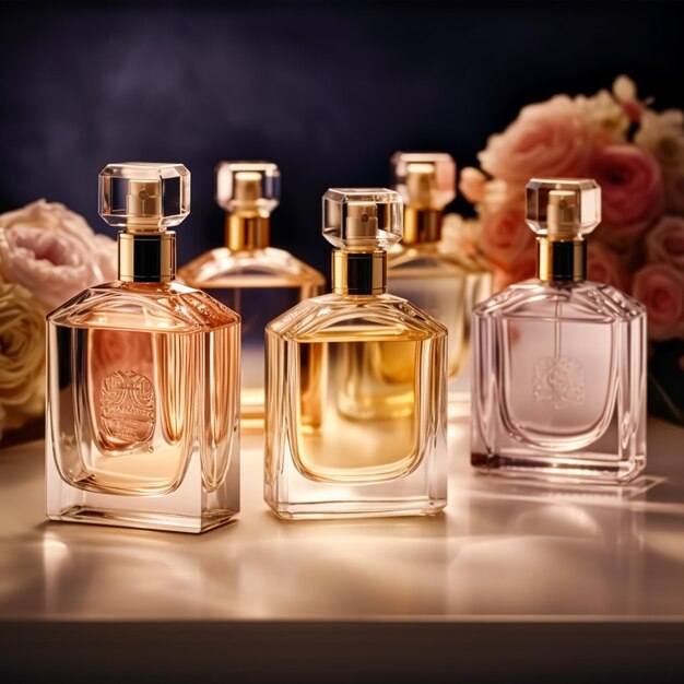 Foto bottiglie di fragranze di lusso al profumo di profumo all'evento di presentazione profumeria su misura e vendita di prodotti di bellezza ai generati postelaborati