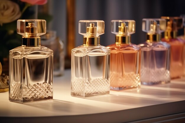 Foto bottiglie di fragranze di lusso al profumo di profumo all'evento di presentazione profumeria su misura e vendita di prodotti di bellezza ai generati postelaborati