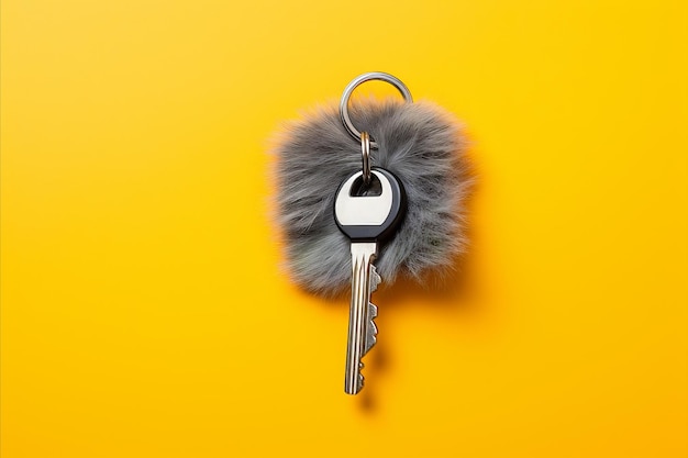 Foto keychain di casa di pelliccia di lusso su moderne chiavi di casa alla moda poggiate su uno sfondo giallo