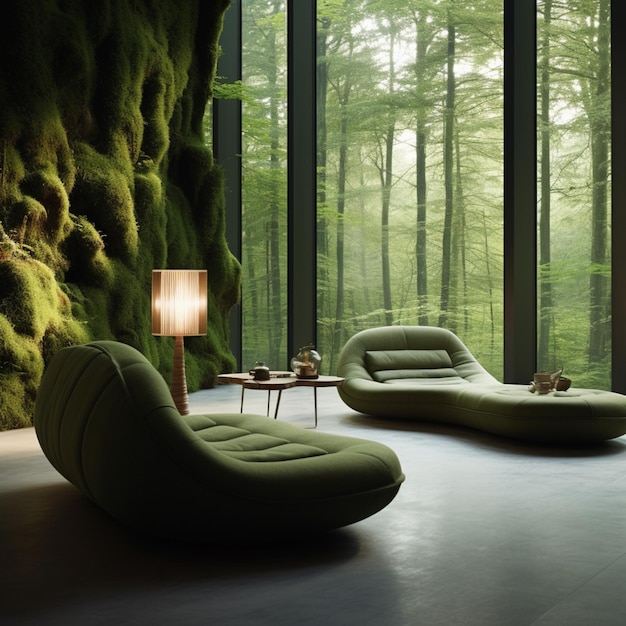 Luxury furniture green relax sofa forest environment wallpaper AI Generated art