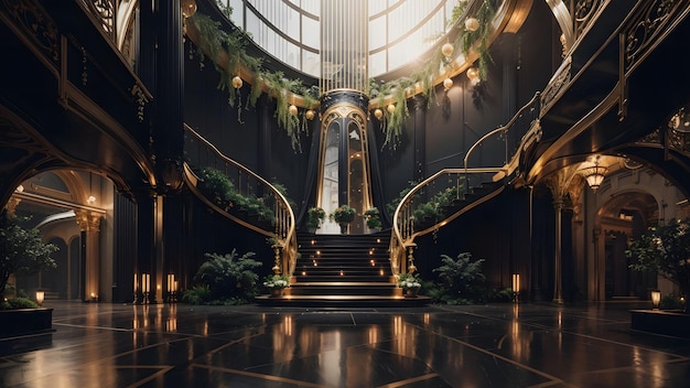 Luxury futuristic lobby with black gold concept background Generative AI