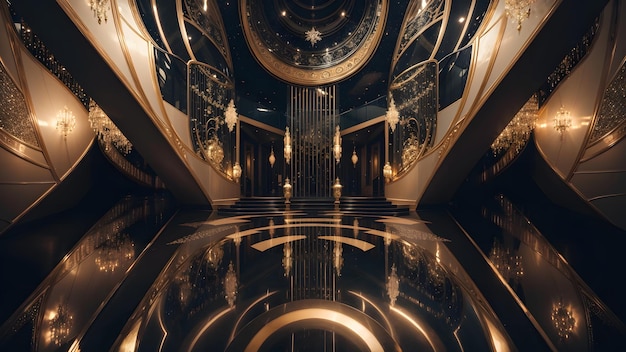 Luxury futuristic lobby with black gold concept background Generative AI