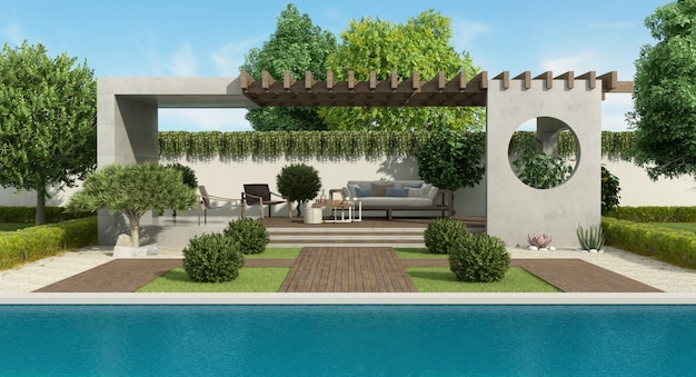 Luxury garden with concrete gazebo and large swimming pool