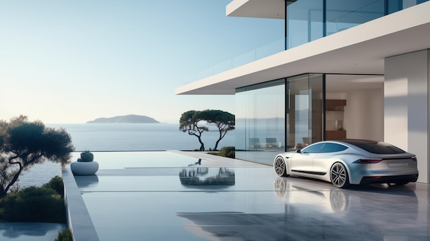 Luxury generic electric car parked outside modern villa house