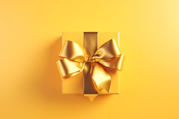 Luxury Gift box with golden satin ribbon and bow on yellow background Generative AI
