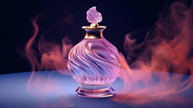 luxury glass or crystal perfume bottle with smoke waves background in pink purple theme