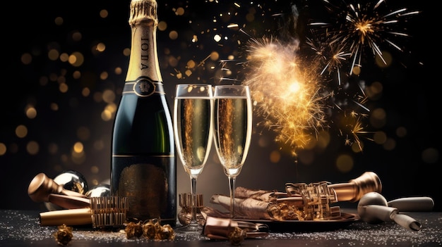 Luxury glass of wine and bottle with firework background