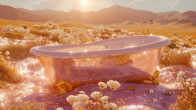 A luxury glitter bathtub sits in the middle of a field of flowers and sand dunes The sun is shine