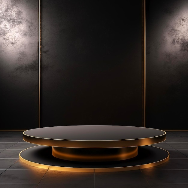 Luxury gold base Product Stand in dark backdrop Studio Scene For mock up minimal product design