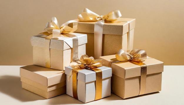Photo luxury gold gift boxes for celebrating holidays on the gold background