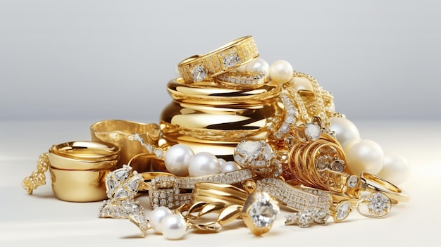 Luxury gold jewelry pile collection on a white background