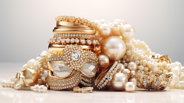 Luxury gold jewelry pile collection on a white background