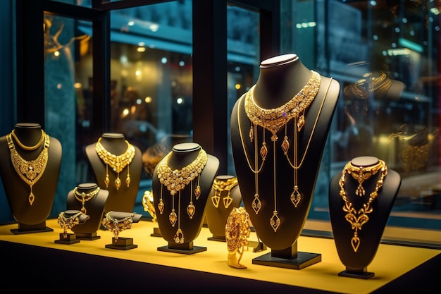 Luxury gold jewelry in store window display