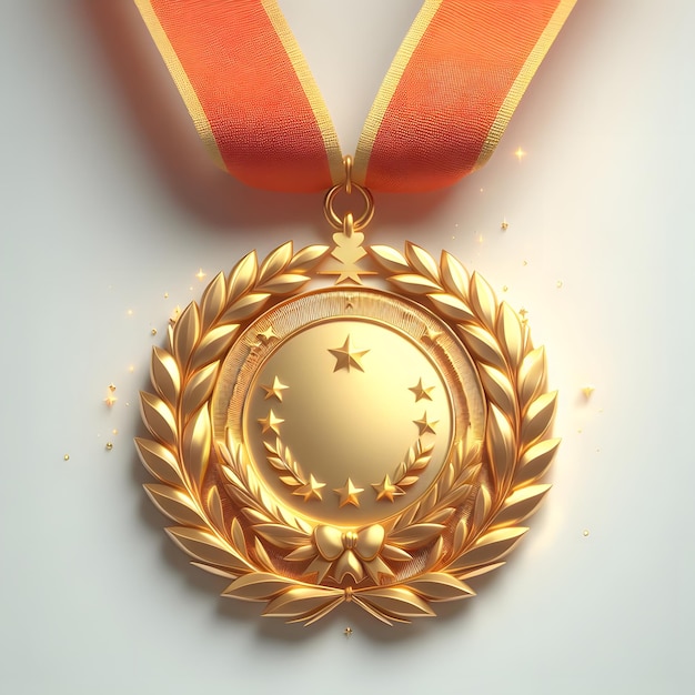 luxury gold medal first place prize with leaf symbol and ribbon 3d illustration front view