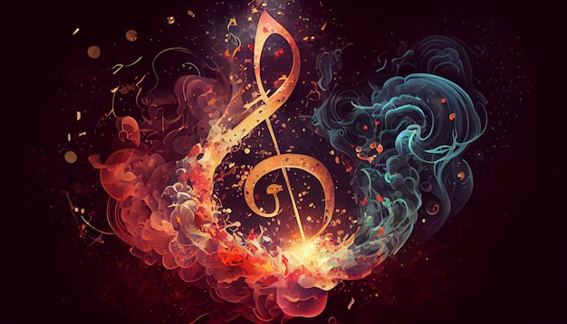 Фото Роскошный золотой скрипичный ключ звездного против летающих случайных золотых нот красивая музыкальная симфония