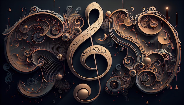 Luxury Gold Treble Clef of the stellar against on flying random golden notes Beautiful musical notation symphony