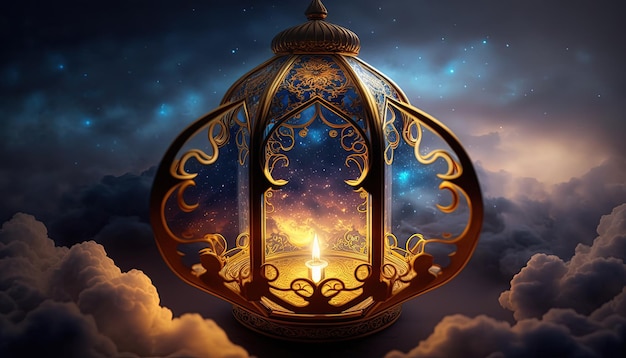 a luxury goldem ramadan lamp , islamic background , ai generated