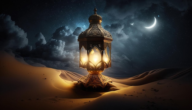 a luxury goldem ramadan lamp , islamic background , ai generated