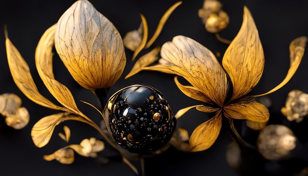 luxury golden floral and leaf for cloth fabric print, 3d illustration render