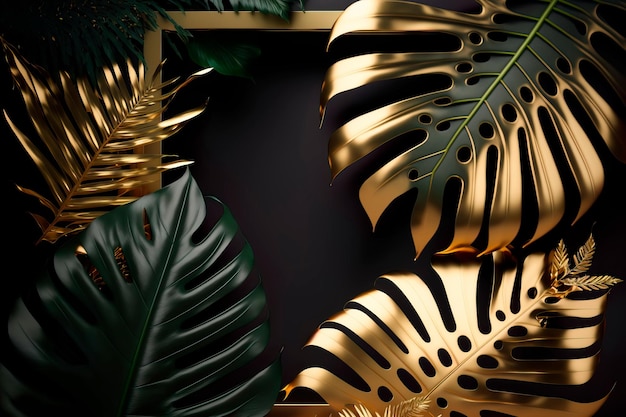 Luxury golden frame with tropical leaves empty space for text Generative AI