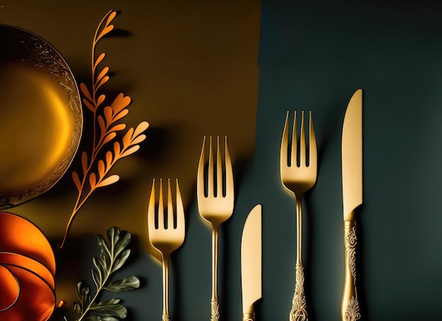 写真 豪華な金色のキッチン用品は、高級レストランのジェネレーティブaiのバナーを設定します