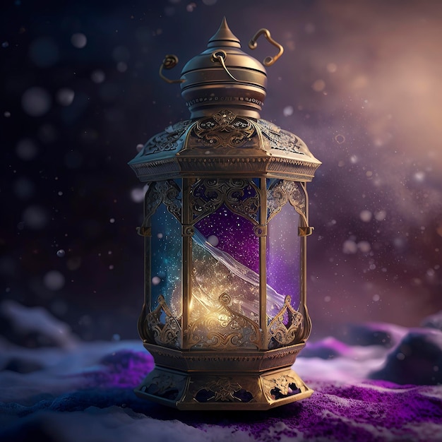 luxury golden ramadan lantern surounded by snow ai generated