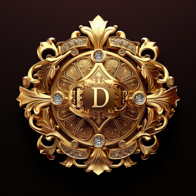 Photo luxury golden shield with letter d 3d rendering