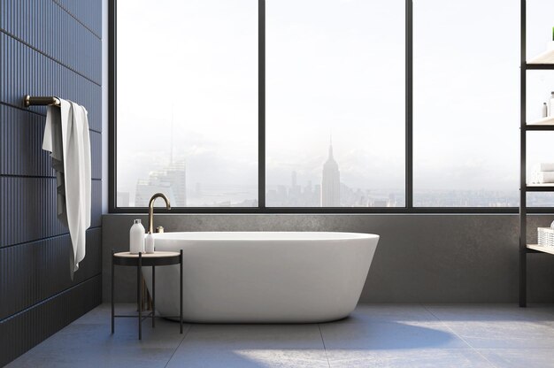 Luxury gray bathroom interior with panoramic city view Style and hygiene concept 3D Rendering