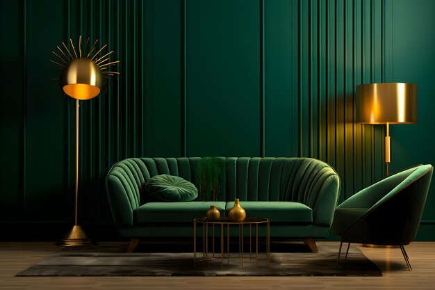 Luxury green living room adorned with gold walls and a gold lamp and floor lamp ai generate