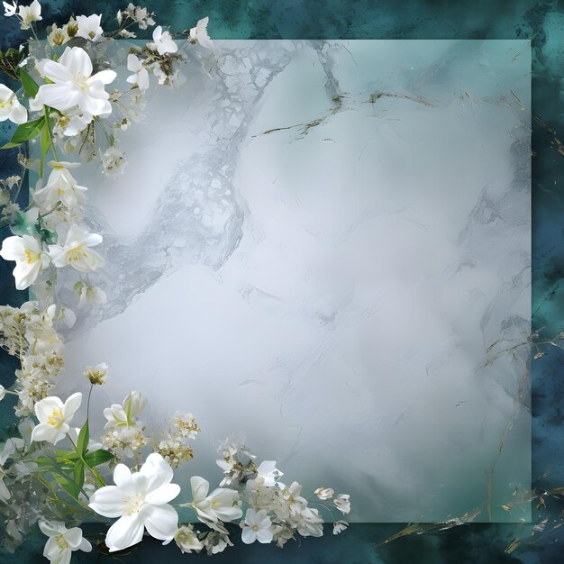 luxury green white marble background with golden frame and white flowers