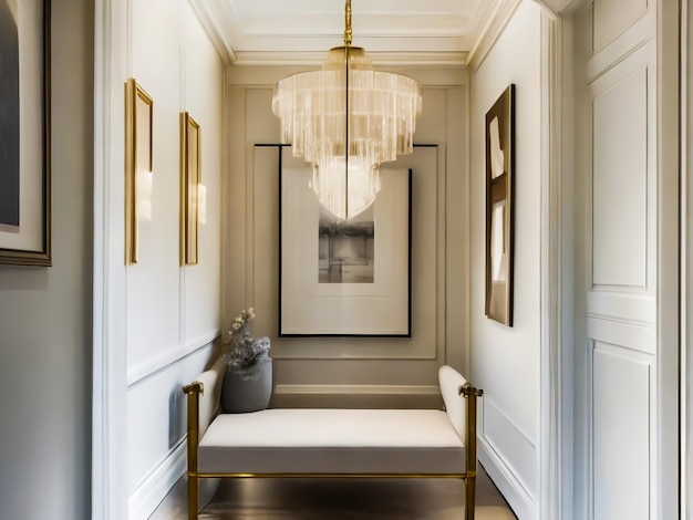 A luxury hallway with a statement light fixture