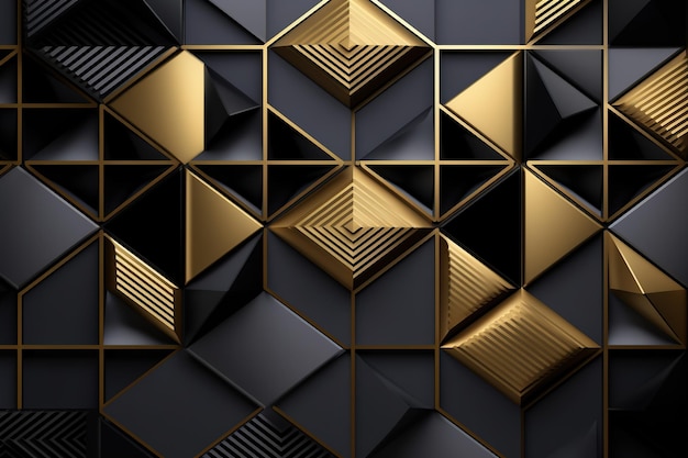 Luxury hexagonal abstract black metal background with golden light lines Dark 3d geometric