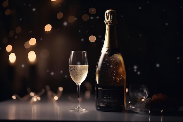 Роскошная праздничная композиция из бутылки охлажденного шампанского, созданная искусственным интеллектом