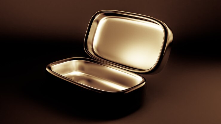 Photo luxury holiday gift wrapping.  the box is gold inside and dark outside.  3d illustration, 3d rendering.
