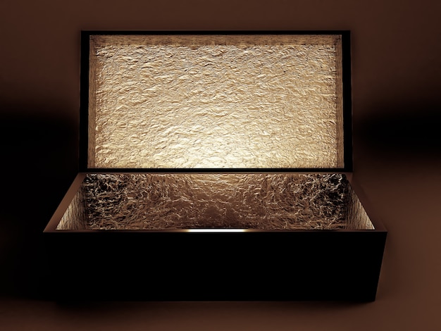 Luxury holiday gift wrapping.  The box is gold inside and dark outside.  3d illustration, 3d rendering.