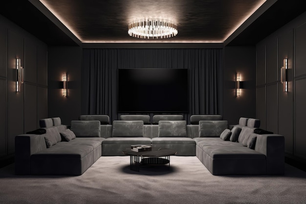 Роскошная комната домашнего кинотеатра 3D рендеринг генеративный ИИ