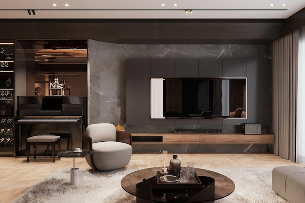 luxury home theater with piano and modern living room decor