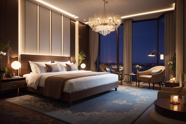 Photo luxury hotel bedroom illuminated by modern lamps
