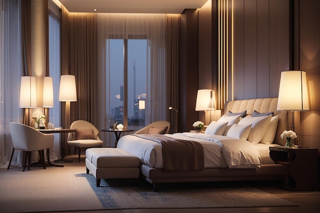 Luxury hotel bedroom illuminated by modern lamps