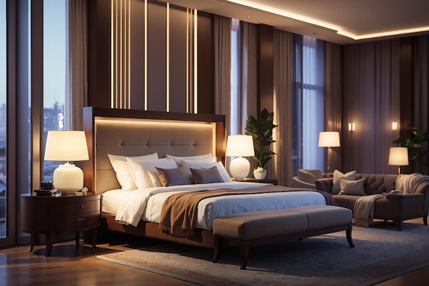 Luxury hotel bedroom illuminated by modern lamps