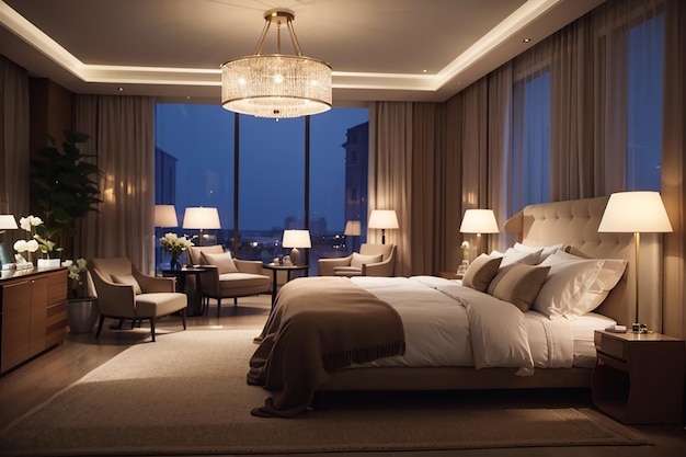 Luxury hotel bedroom illuminated by modern lamps