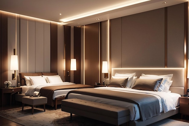 Luxury hotel bedroom illuminated by modern lamps