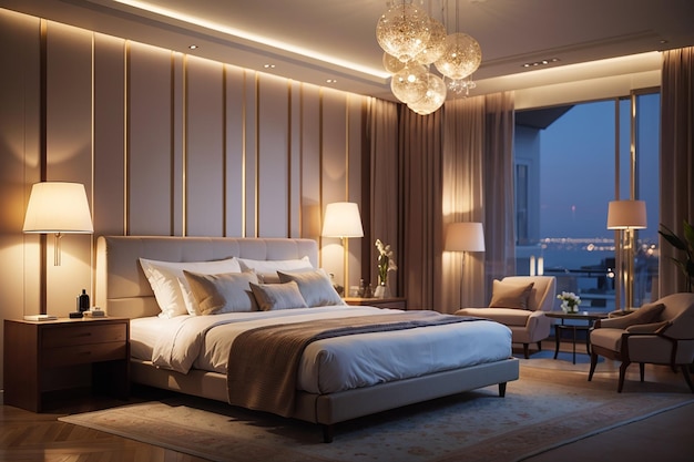 현대적인 램프로 조명된 고급 호텔 침실