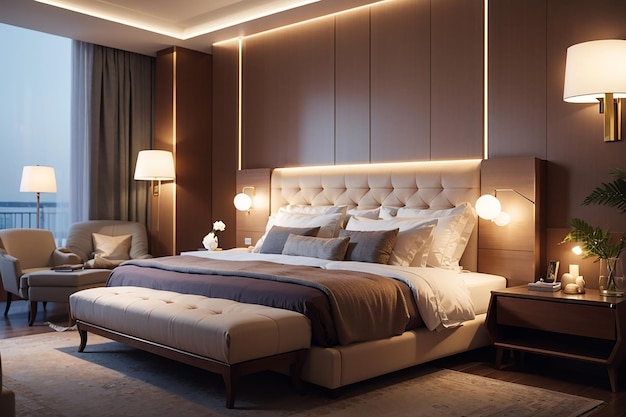 Luxury hotel bedroom illuminated by modern lamps