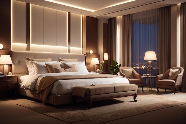 Luxury hotel bedroom illuminated by modern lamps