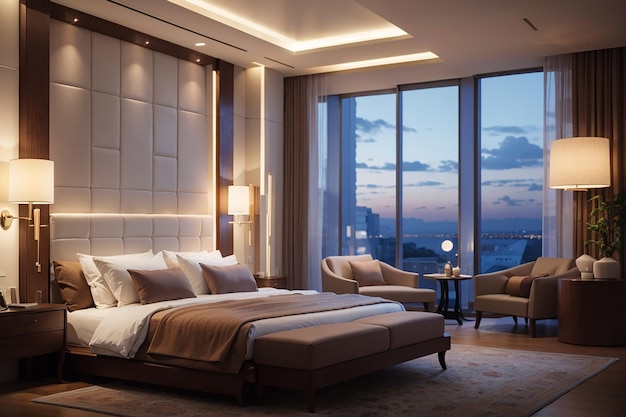 Luxury hotel bedroom illuminated by modern lamps