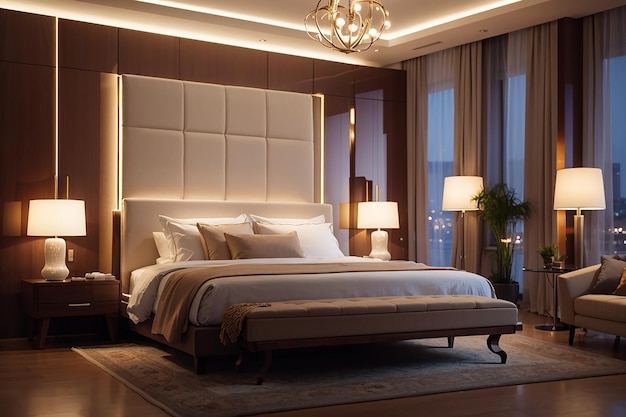 Luxury hotel bedroom illuminated by modern lamps