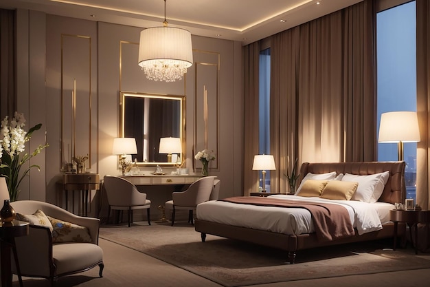 Luxury hotel bedroom illuminated by modern lamps